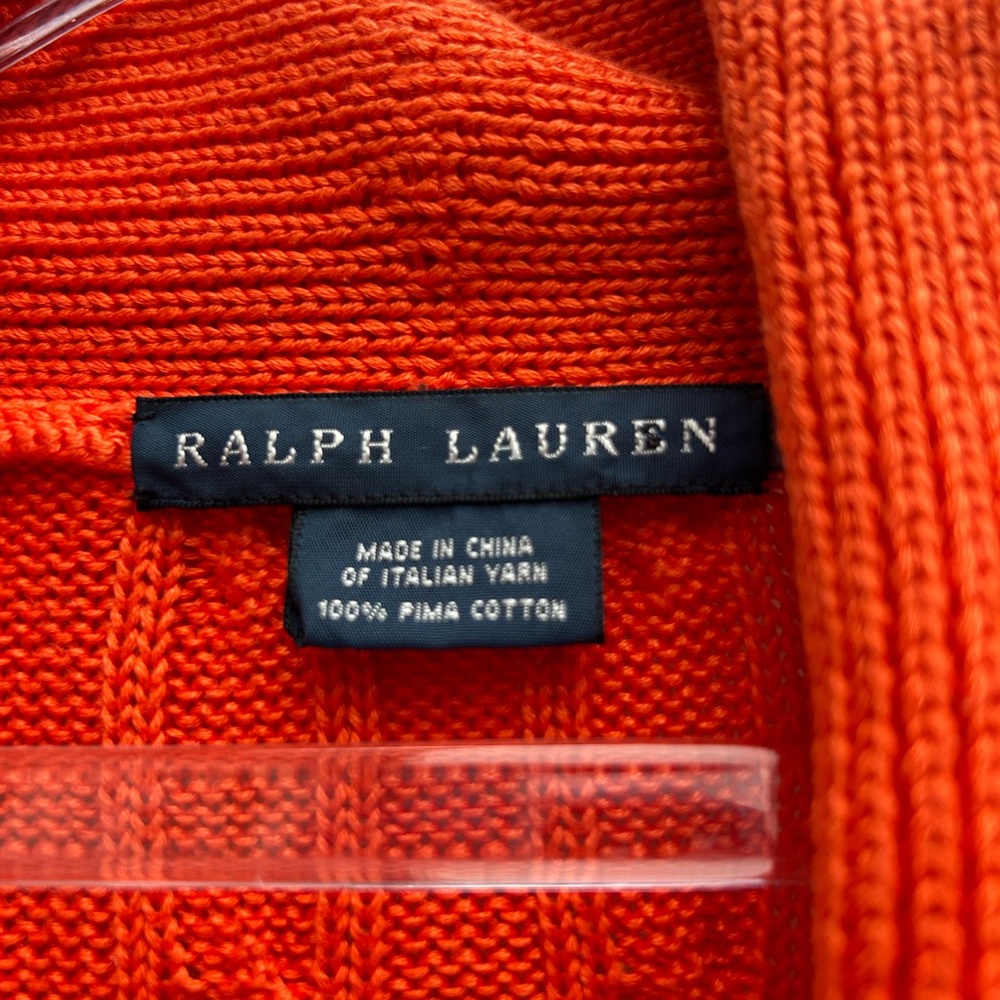 Ralph Lauren Cardigan Sweater Women M Orange Cable Knit 100% Pima Cotton Pockets - Picture 3 of 13